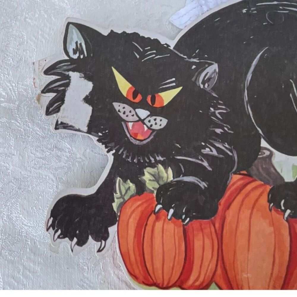 4 vintage Halloween window die cut paper decorations pumpkins, cat, hay stack - Picture 7 of 11